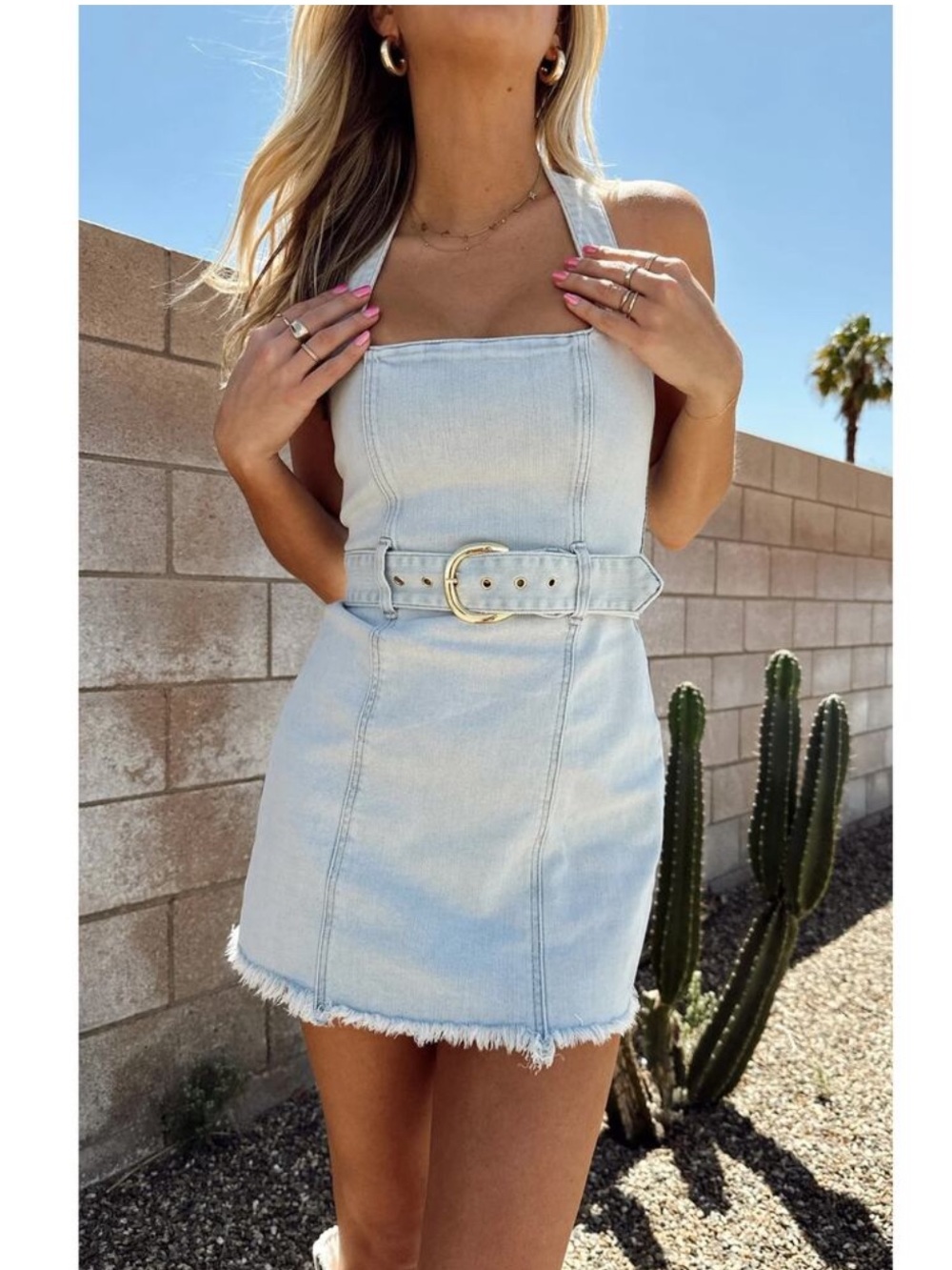Show Me Your Mumu x Revolve Duncan Halter Belted Denim Mini Dress XS $164